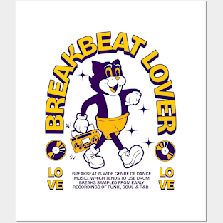 BREAKBEAT  - Lover Cat retro mascot (purple/gold) Posters and Art